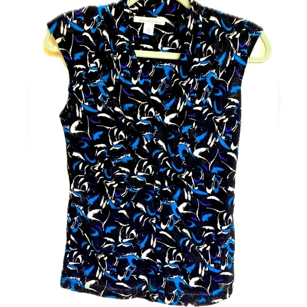 Kenneth Cole New York Top Size PM Cap Sleeve Ruched Mesh Black Multi Color